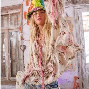 Magnolia Pearl Floral Blouse Pink Rose Eyelet Lace Patched Distressed NWT